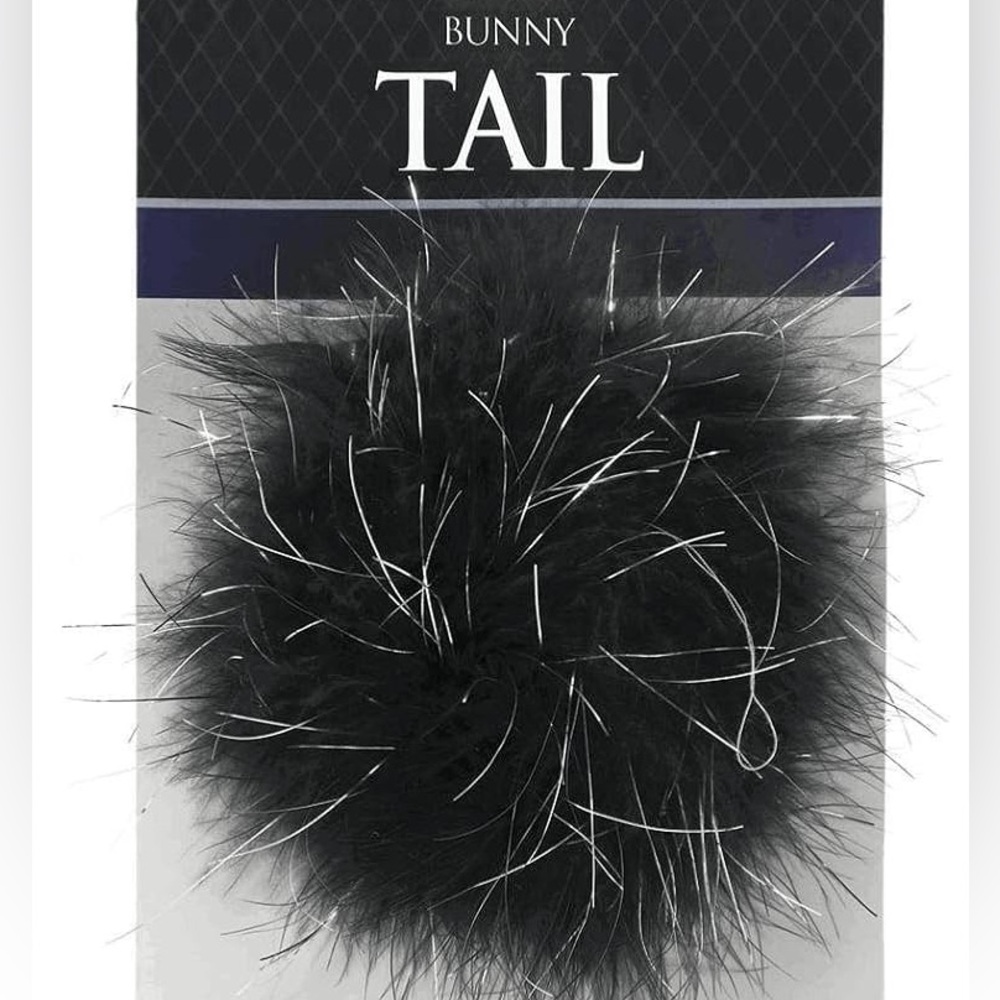Black Fluffy with Silver Tinsel Bunny Tail Halloween Costume Cosplay Accessory